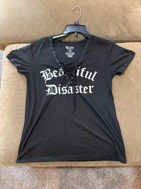 Beautiful Disaster Lace-Up V-Neck Graphic Tee - Black